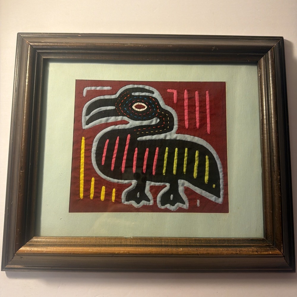 Kuna Indian Panama Mola Textile Bird Matted Framed Multicolored‎ Folk Art Vtg